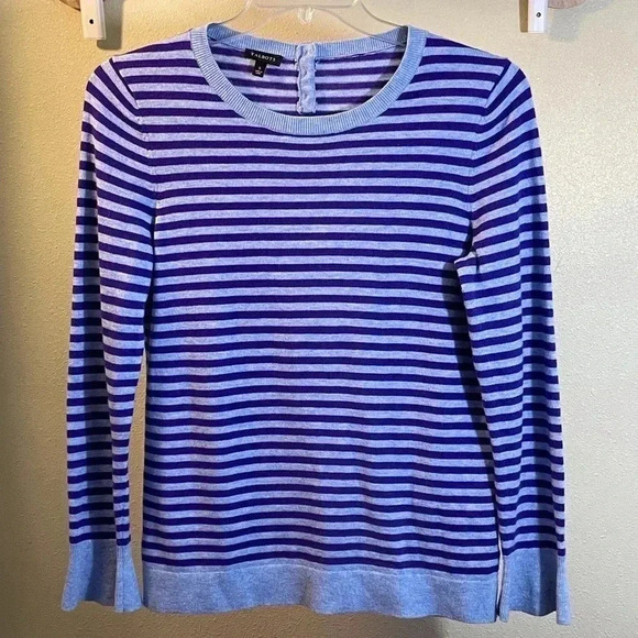 Talbots Striped Sweater Pullover Nylon Lambswool Heather Blue Purple Stripe Sz S - Picture 1 of 6
